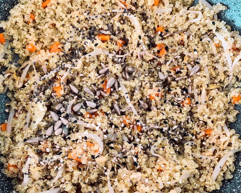 Receita: Quinoa com cenoura, rebentos de soja e sementes